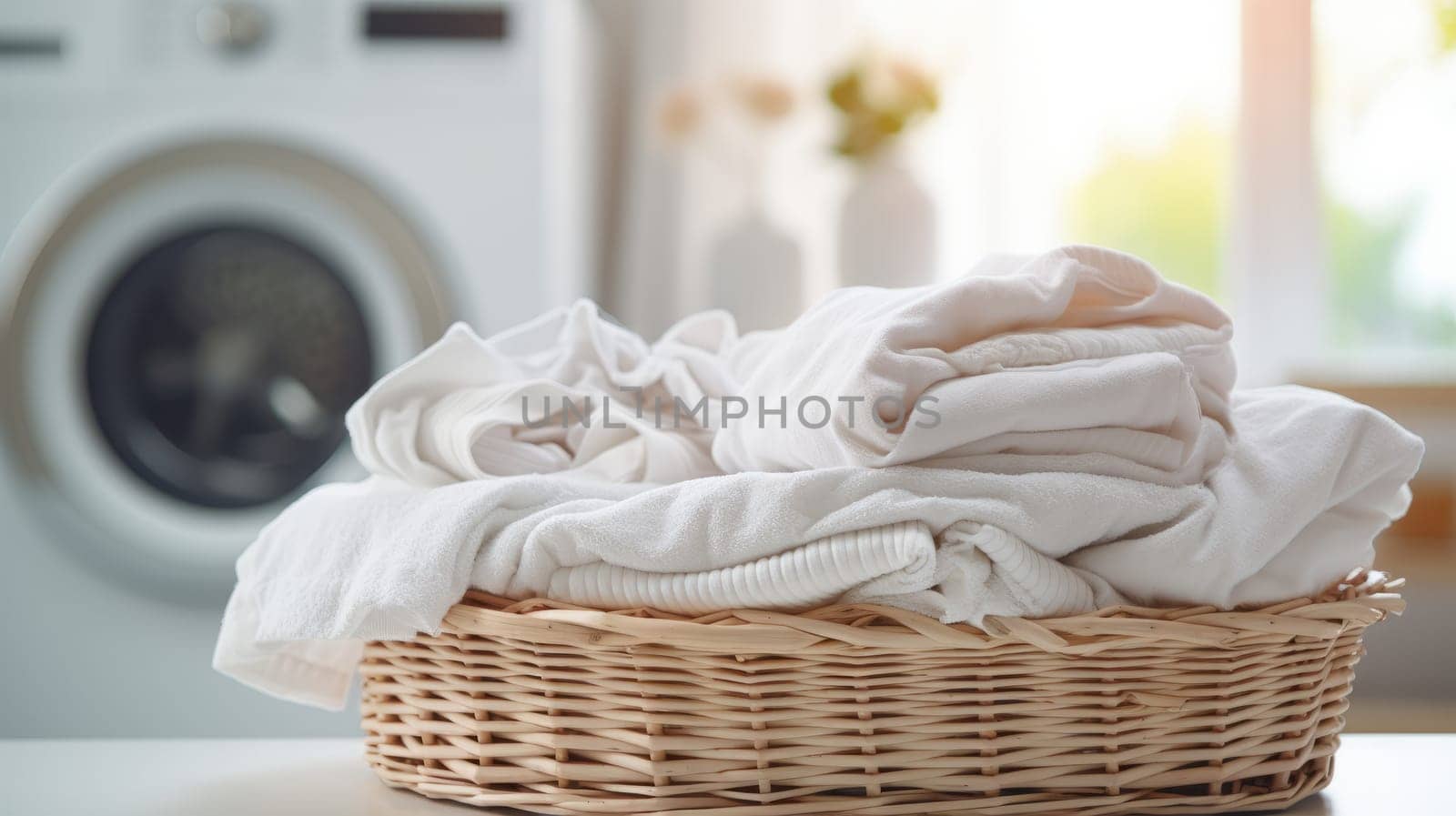 A laundry basket filled with white towels next to a washing machine.