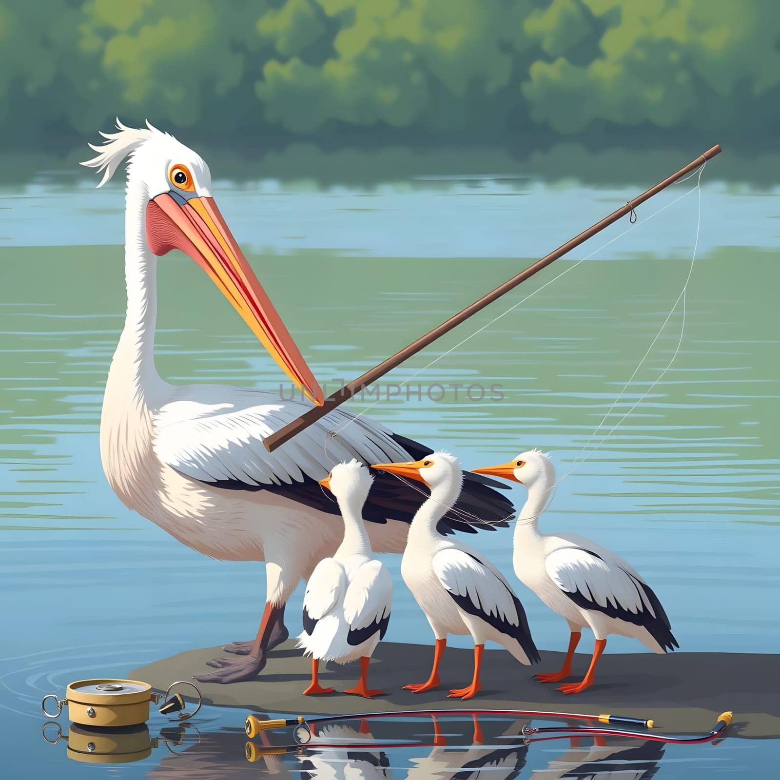 A pelican stands on the shore of a calm lake, holding fishing gear. Nearby, three chicks curiously observe their parent, surrounded by lush greenery on a sunny summer day.