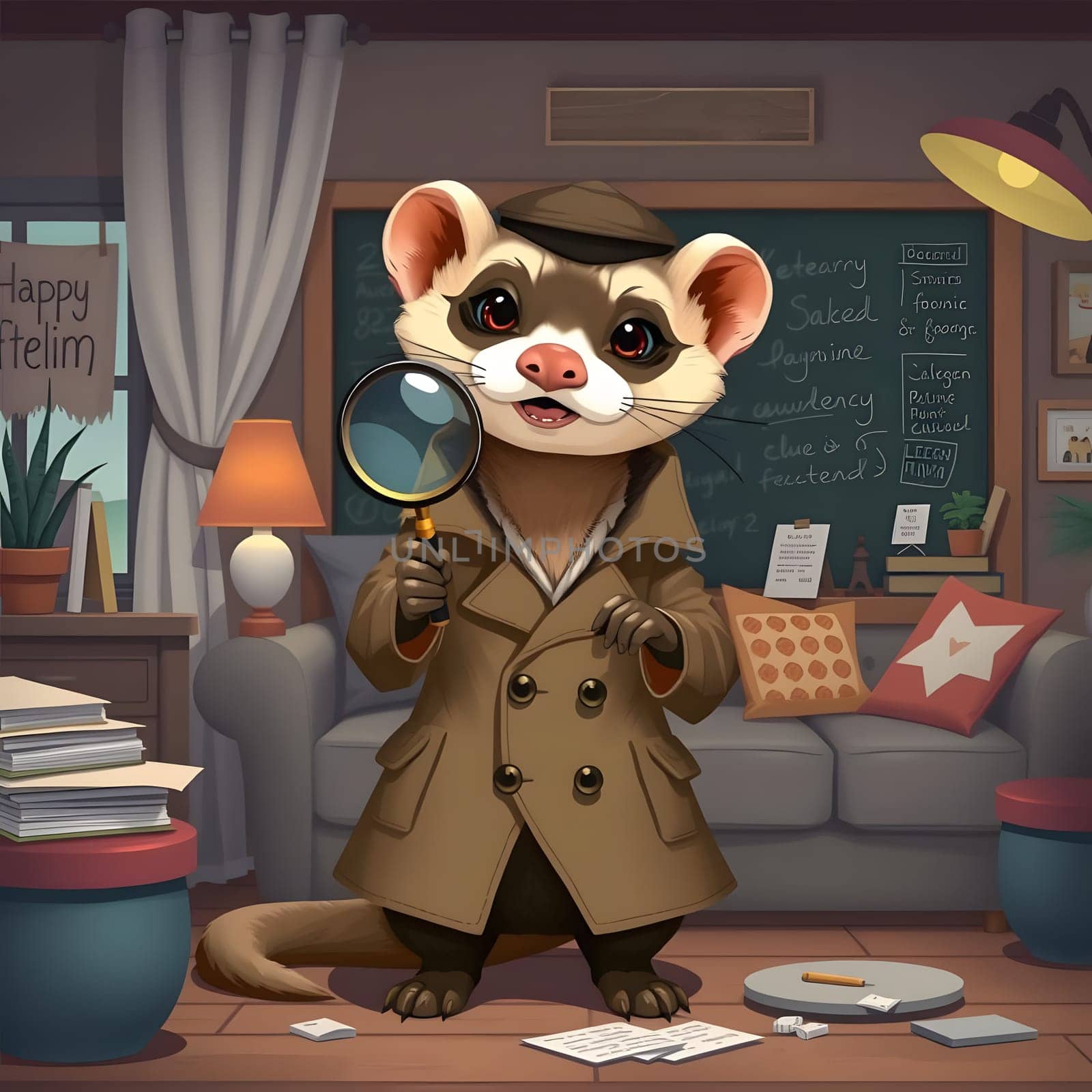 A whimsical ferret dressed as a detective holds a magnifying glass