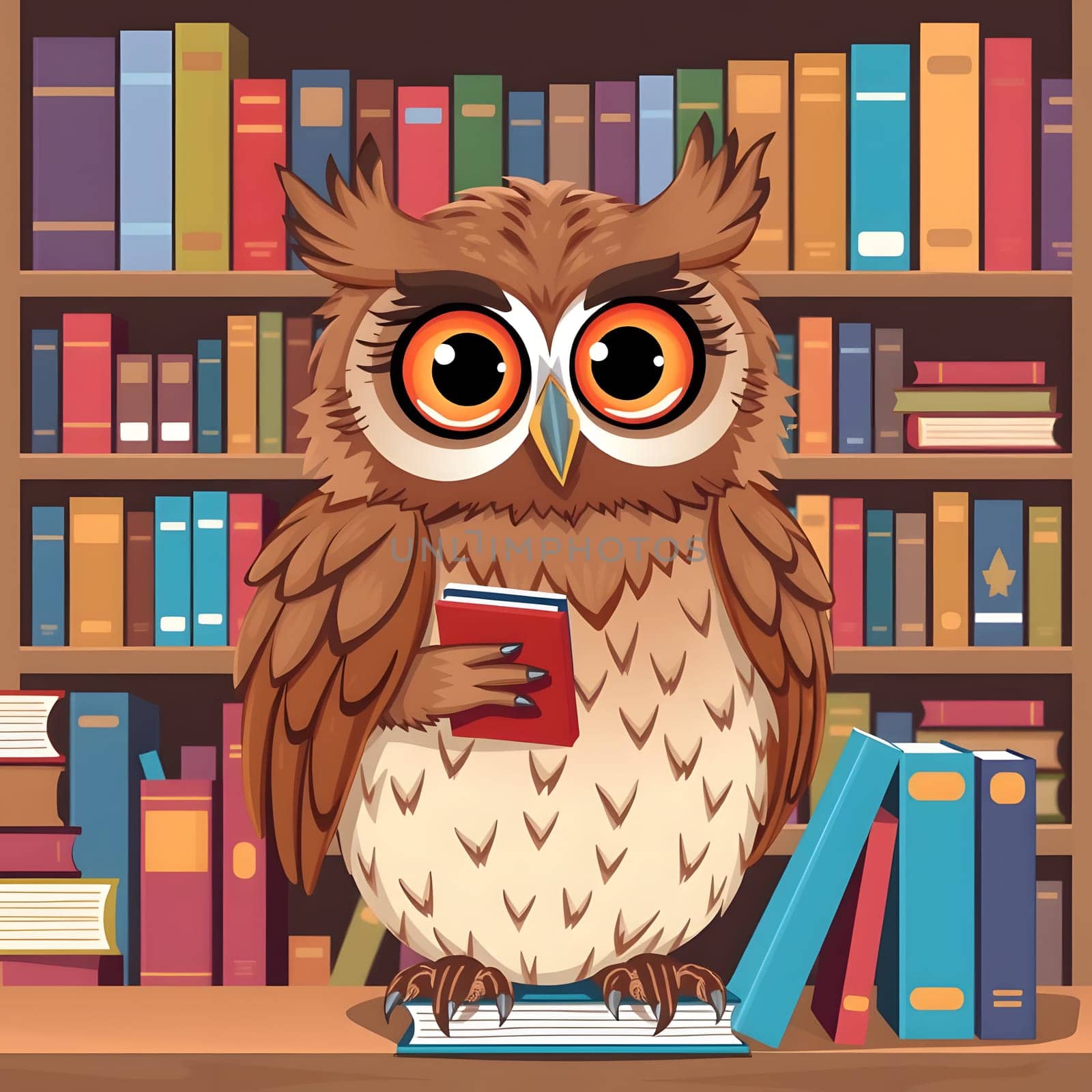 An adorable owl stands on a stack of books, holding a red book in its paws. The vibrant library shelves in the background are filled with a variety of colorful books.
