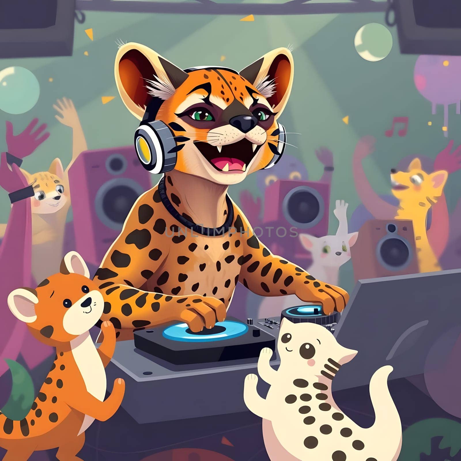 A playful leopard DJ wearing headphones mixes music at a vibrant party, surrounded by animated animal friends dancing and enjoying the lively atmosphere in a colorful venue.