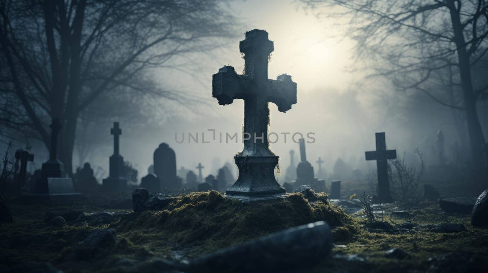 Cemetery Cross Amongst Peaceful Graves.