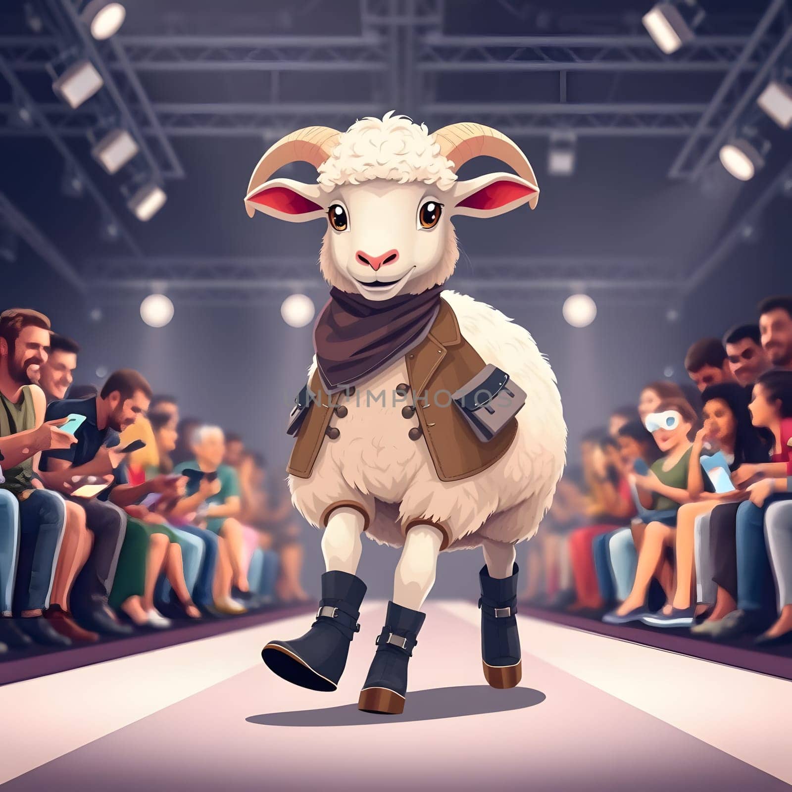 A sheep wearing stylish clothing and boots confidently walks along the runway, while an enthusiastic audience captures the moment on their phones at a vibrant fashion event.
