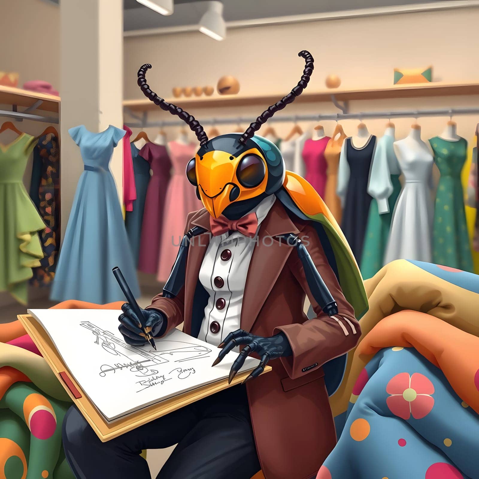 An insect dressed in a tuxedo is creatively sketching dress designs in a colorful boutique filled with hanging gowns. The setting is lively and filled with fabric patterns.
