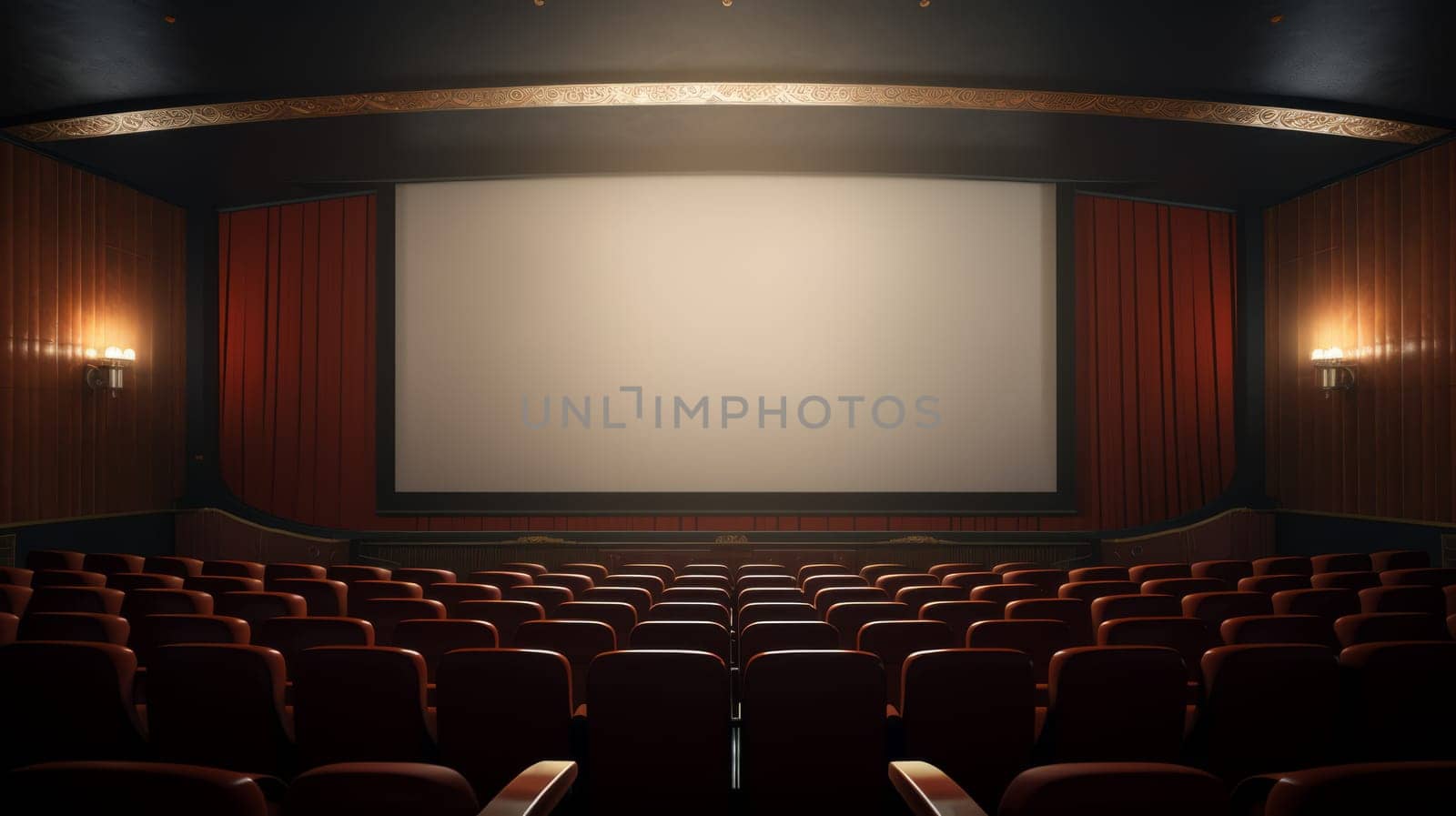 Abandoned Theater With Vibrant Red Seats and Large Projection Screen.