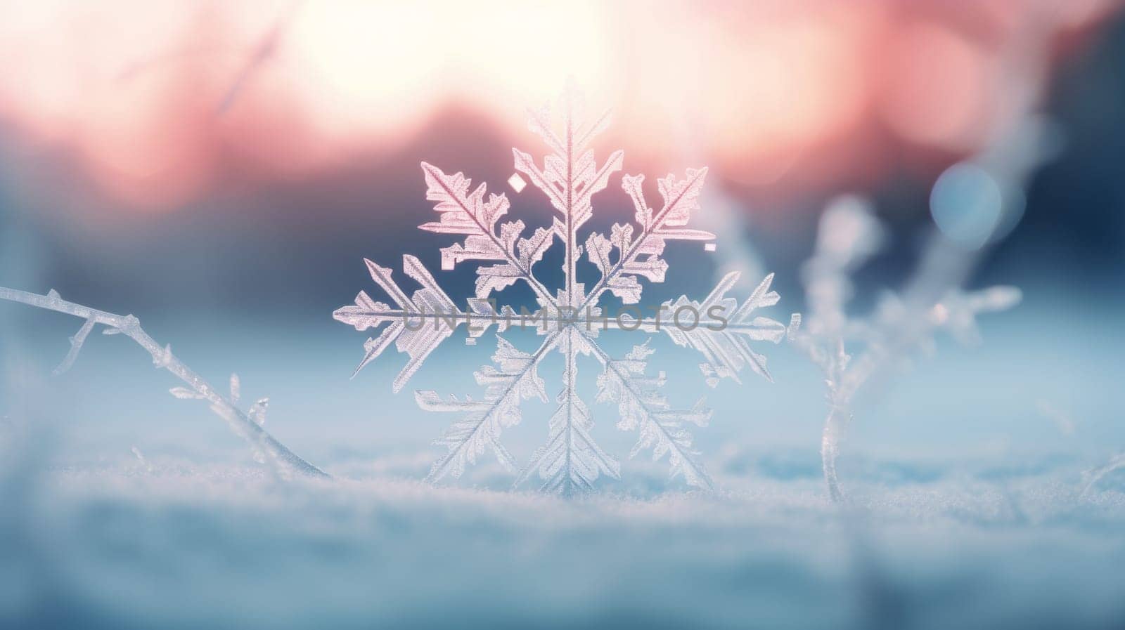 Close-Up of Glistening Snowflake Captured on a Bright, Sunny Winter Day.