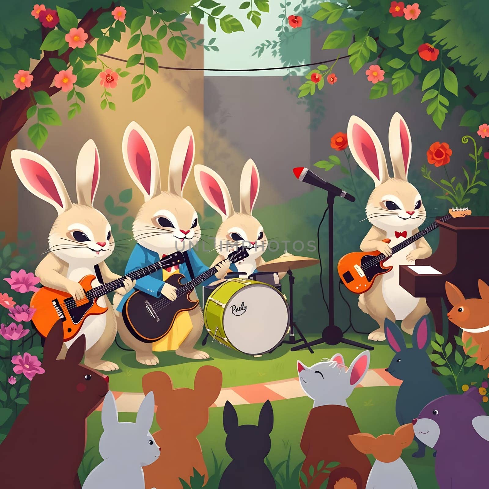 A group of playful bunnies plays instruments in a vibrant garden, entertaining an audience of various animals. The sunny atmosphere enhances the cheerful vibe of the outdoor concert.