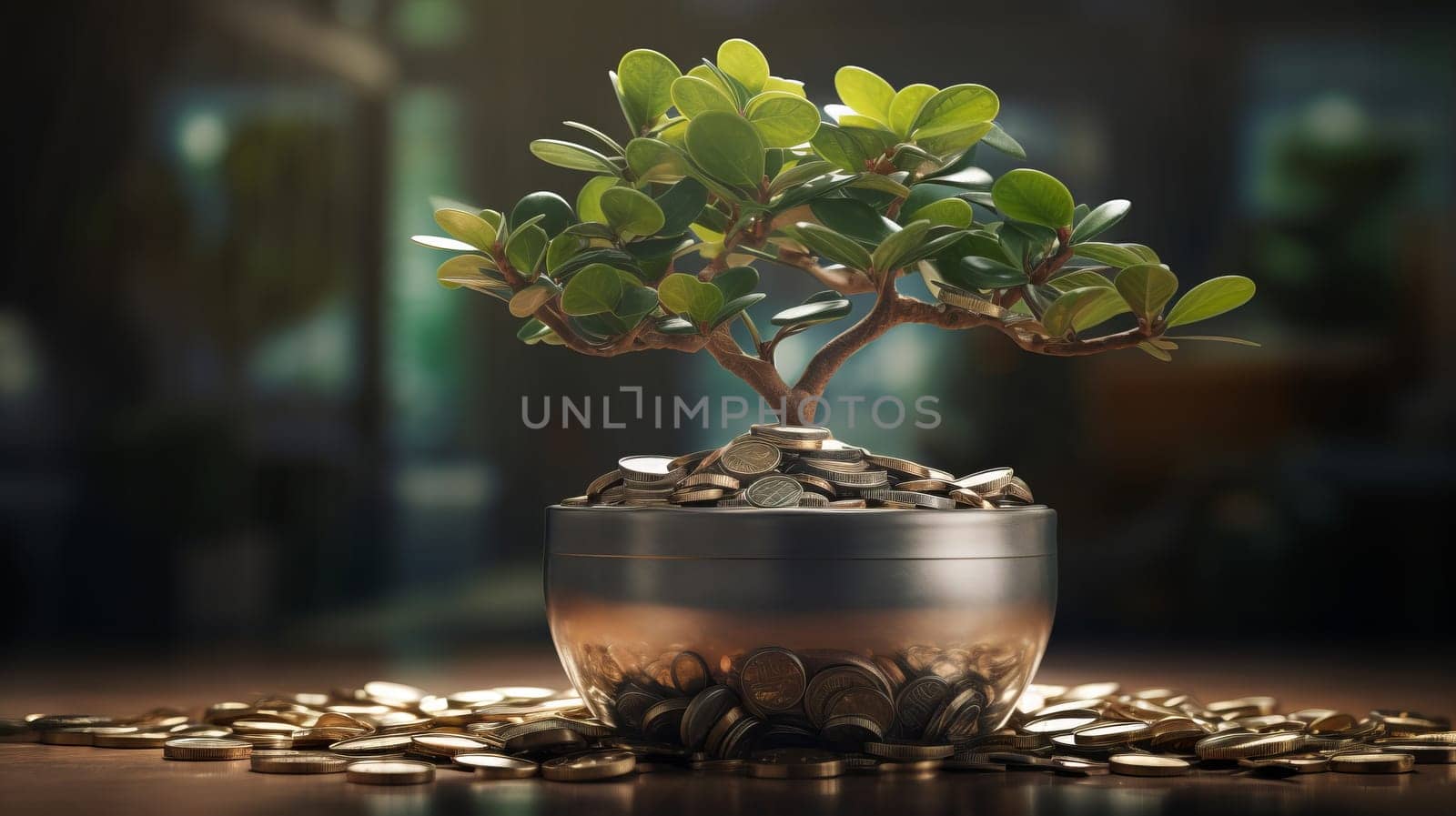 A small bonsai tree with gold coins sitting on top of a table.
