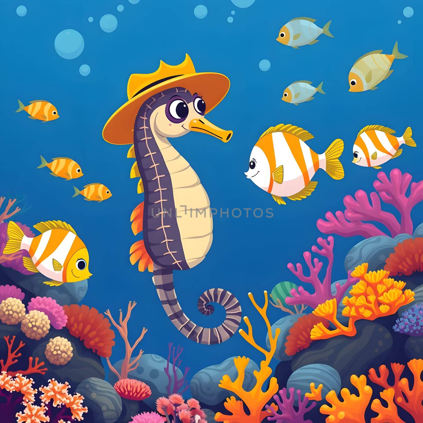 A charming seahorse dons a hat while engaging with friendly tropical fish amid a lively coral reef, showcasing a beautiful undersea environment teeming with colorful marine life.