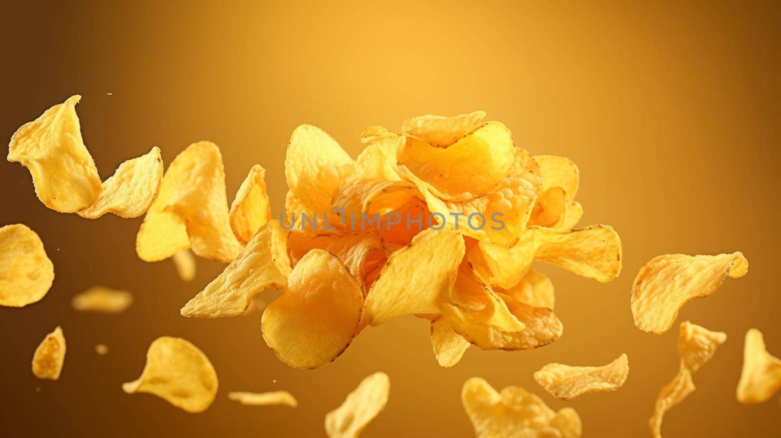 A pile of potato chips falling into the air.