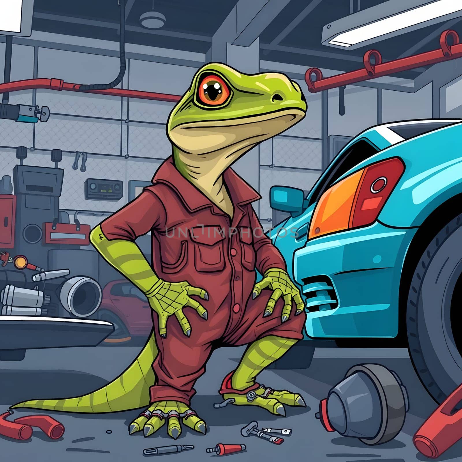 A cartoon lizard in a red jumpsuit stands confidently beside a blue car in a well-equipped garage, surrounded by tools and a lively work environment.