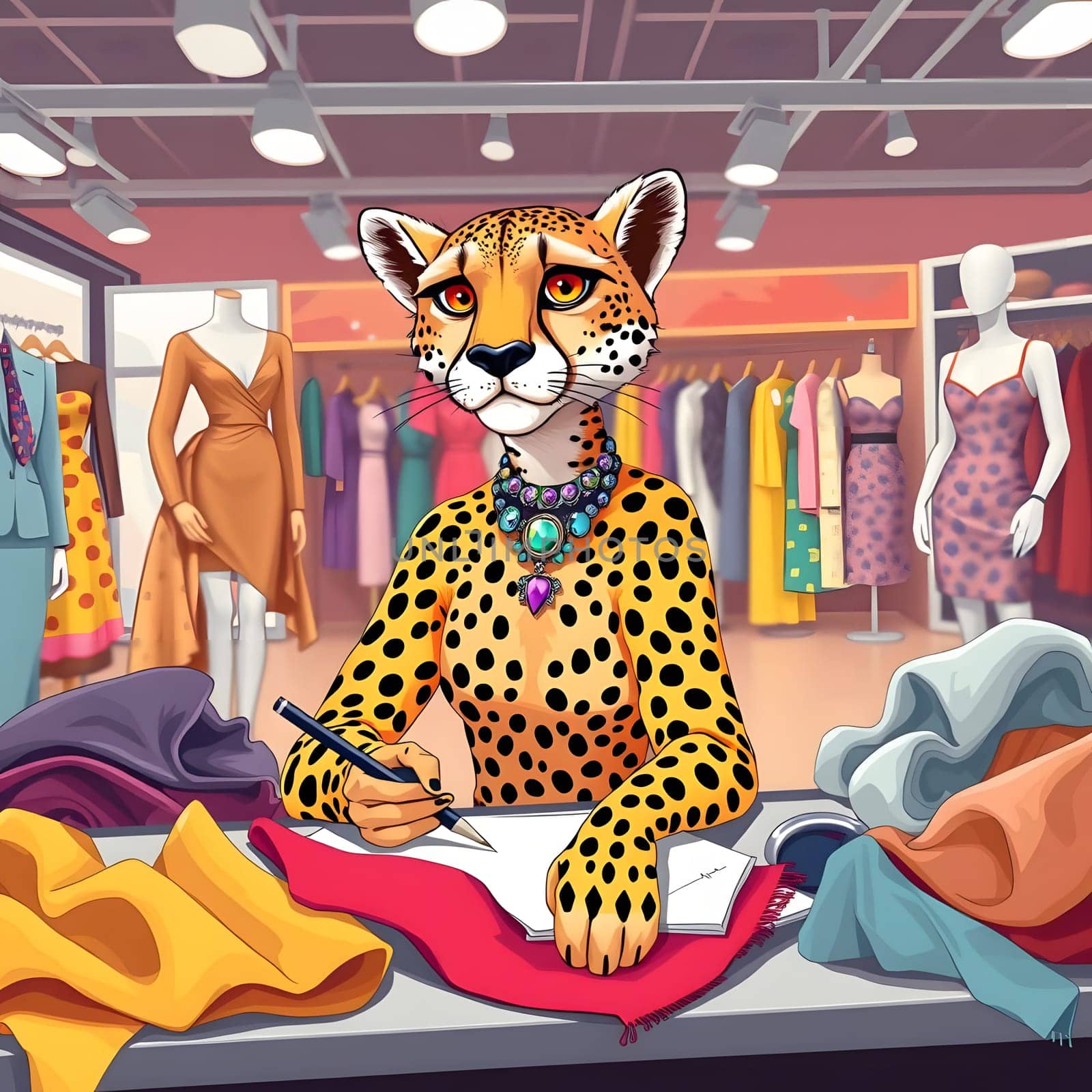 A cheetah artistically sketches fashion designs on fabric in a colorful clothing store filled with garments. The cheetah wears a necklace and showcases its creative flair.
