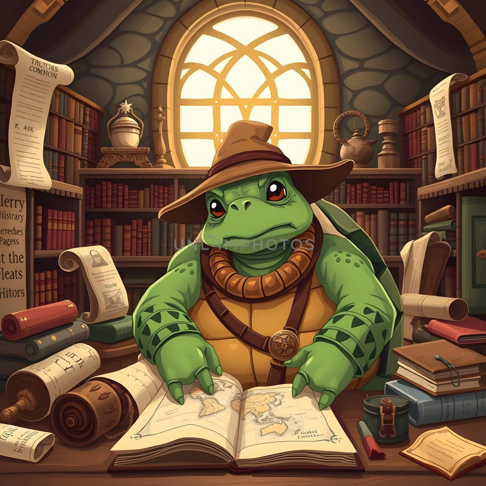 A turtle wearing a hat and a necklace examines an ancient map in a library filled with scrolls and books. The warm light filters through a stained glass window, creating a peaceful atmosphere.