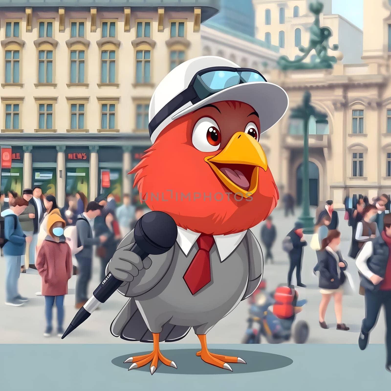 A lively cartoon bird, dressed as a reporter with a microphone, interacts with a bustling crowd in a vibrant urban square filled with people and buildings.