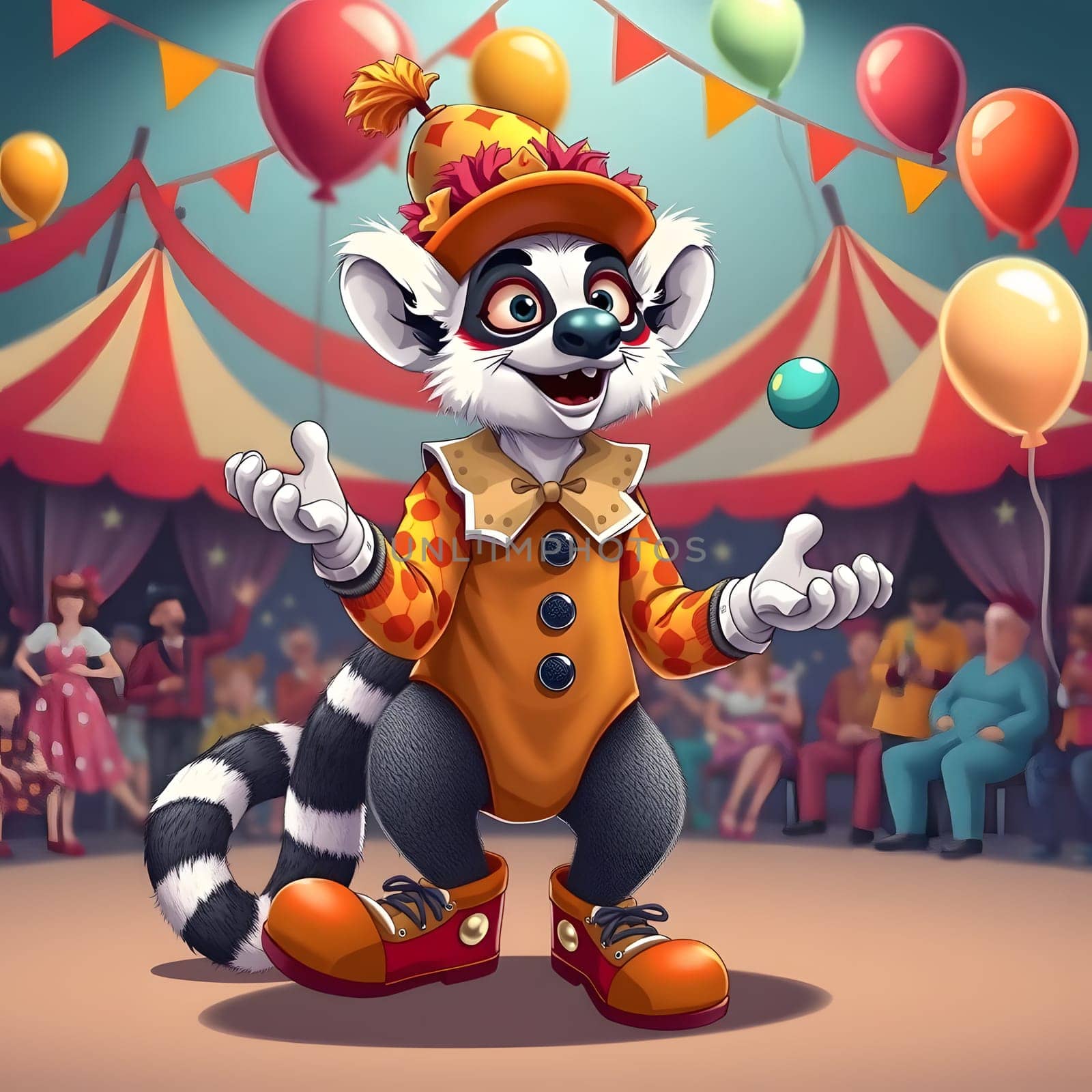 A playful lemur dressed as a clown juggles colorful balls under festive circus tents. The vibrant atmosphere features balloons and an audience enjoying the lively performance.