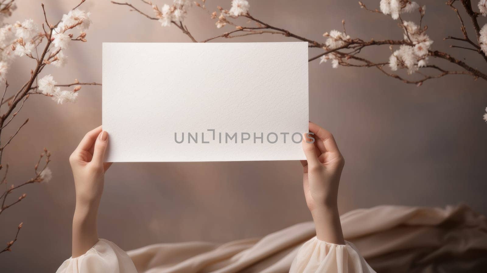 A person holding up a white piece of paper on cotton flowers background.