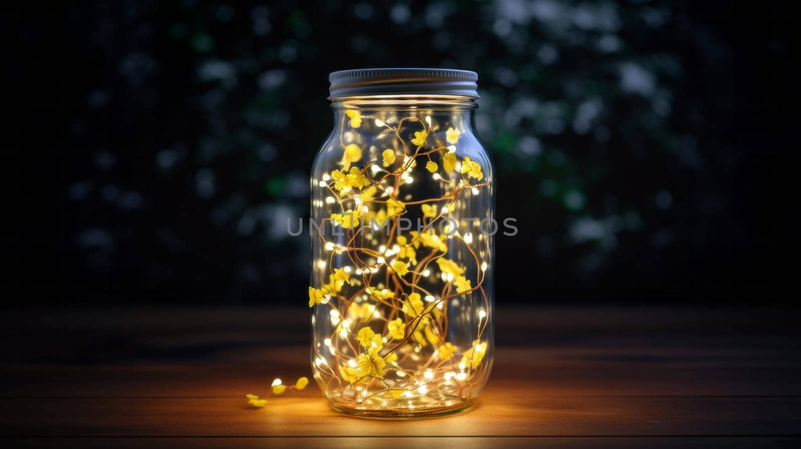 A Beautiful Jar Filled With Bright Yellow Blooms Resting on a Rustic Wooden Table.