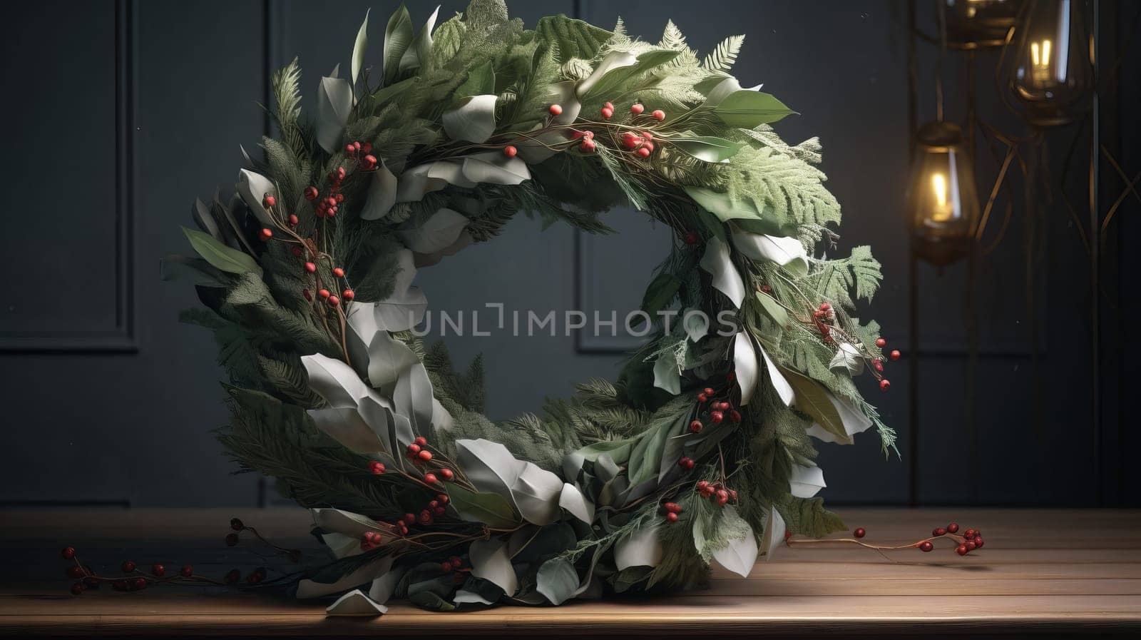 Festive Christmas Wreath Adorning Table.