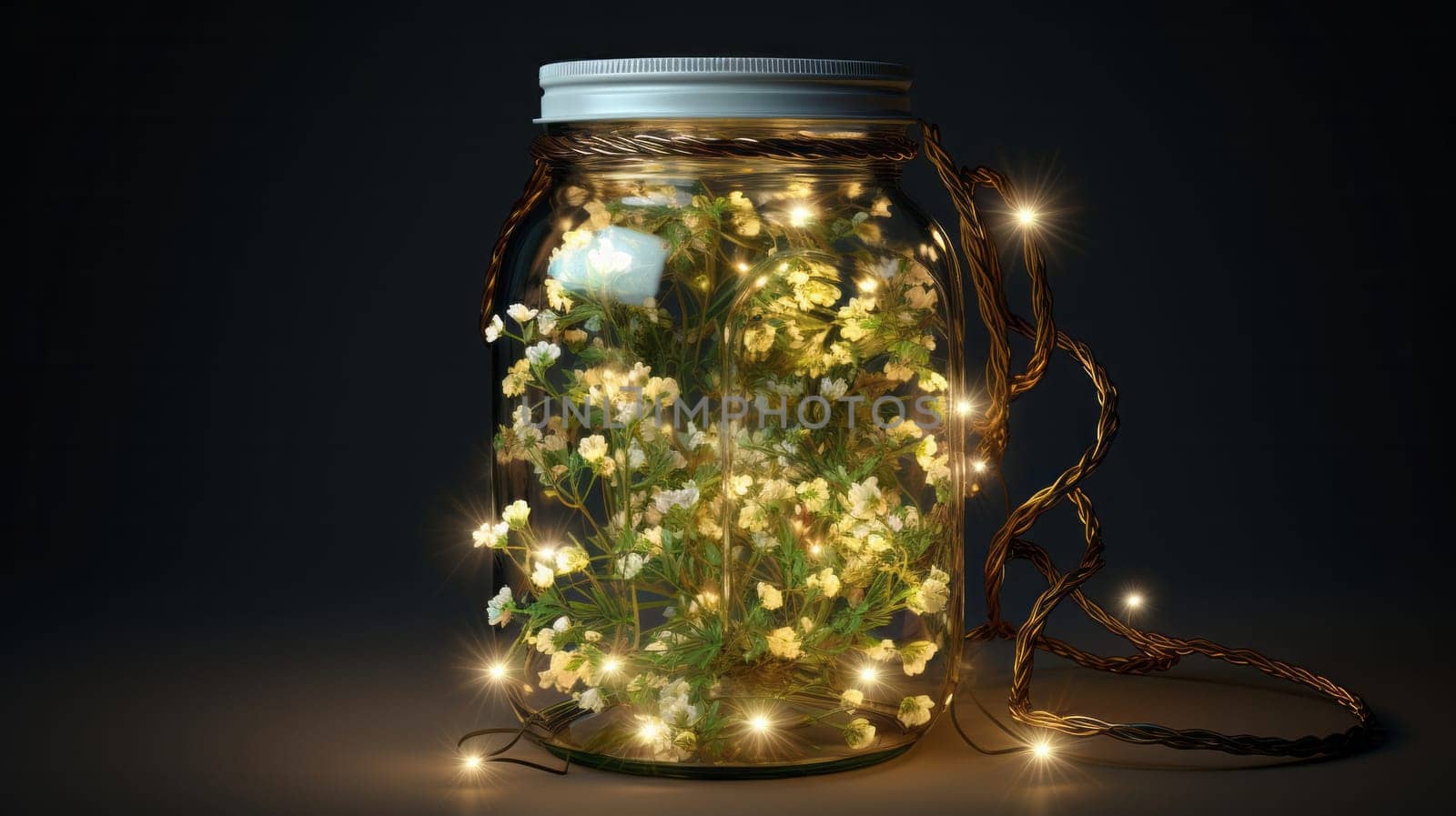 A Beautiful Mason Jar Filled With Colorful Flowers and Sparkling Fairy Lights.