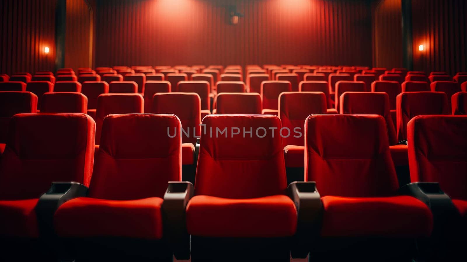 A Lineup of Crimson Seats Before a Cinema Display.