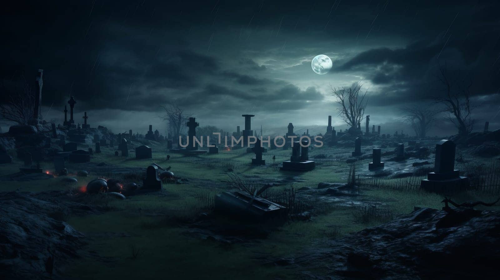 A Haunting Nighttime Scene: Moonlit Cemetery Under the Starry Sky.