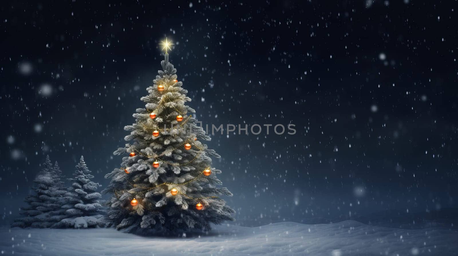 A snow covered christmas tree in the middle of the night.