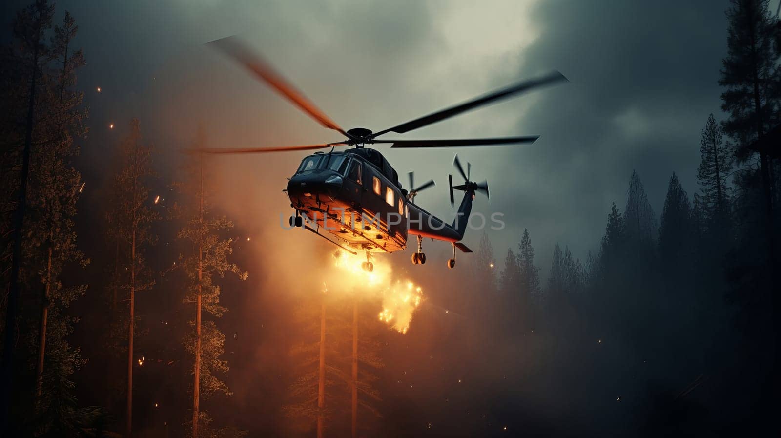 Aerial View of Lush Green Forest with Helicopter Hovering Above.