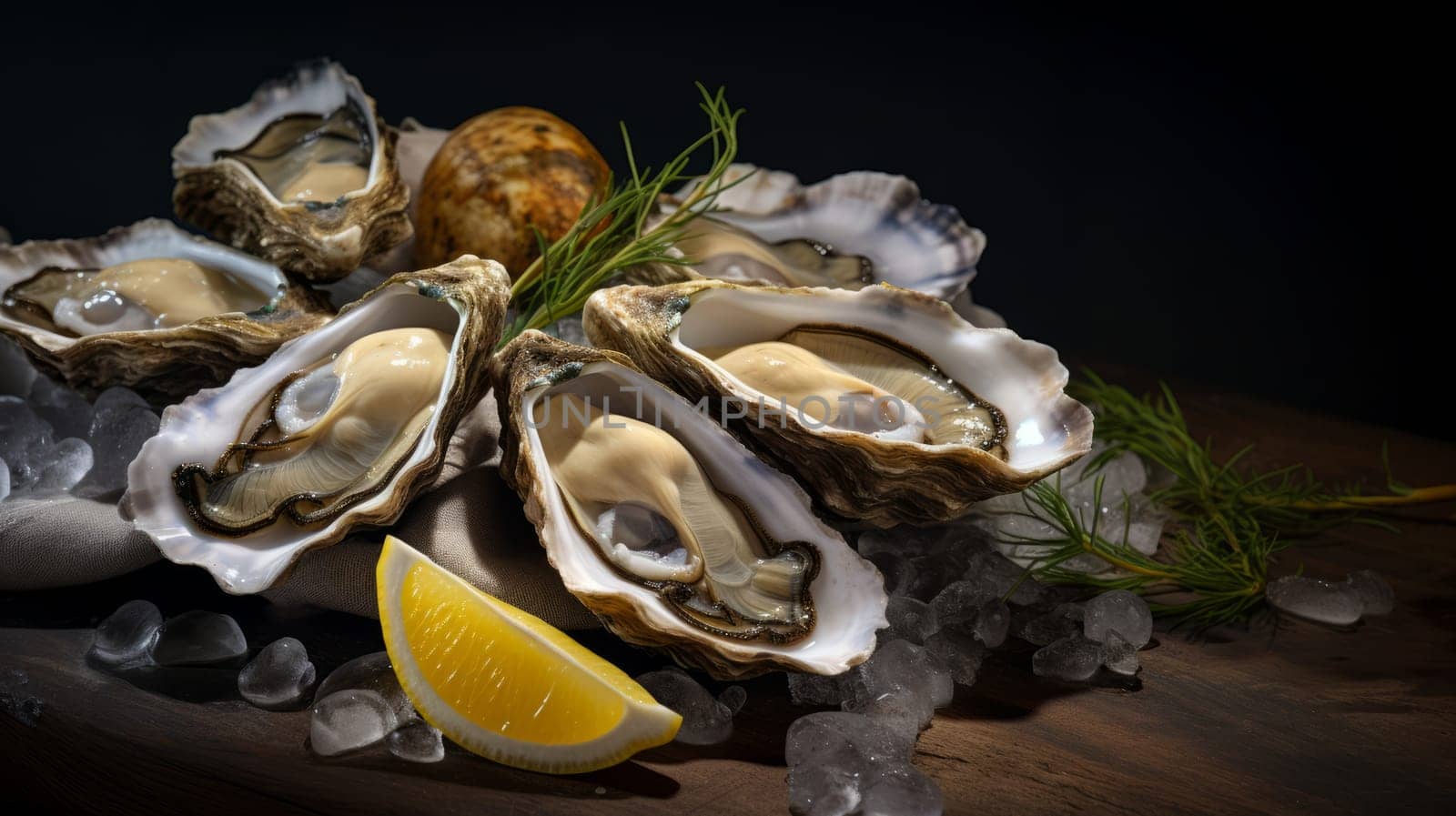 A pile of oysters on ice with lemon wedges.