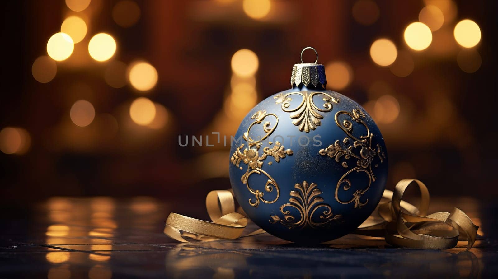 Blue and Gold Christmas Ornament Shining Bright on Festive Table.