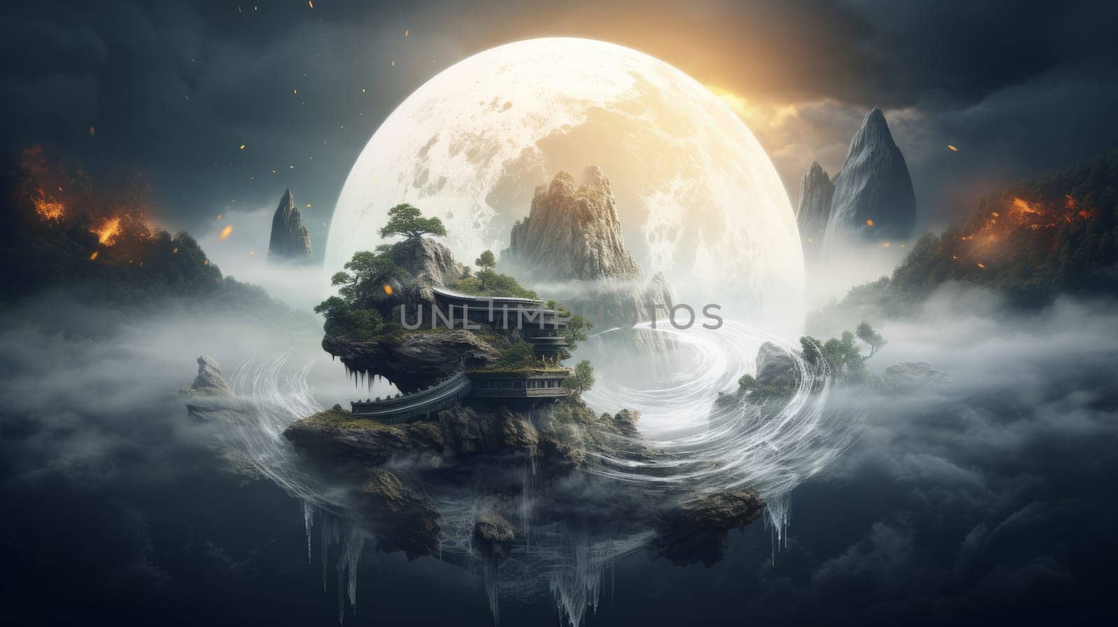 A floating island in the middle of the night.