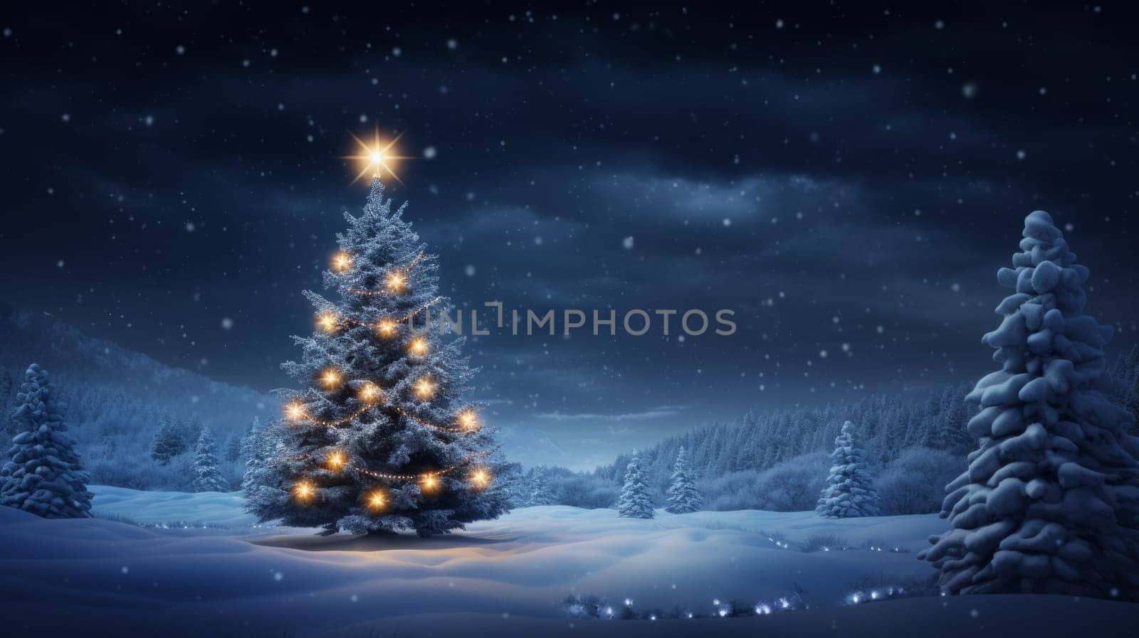 A lit christmas tree in a snowy landscape.
