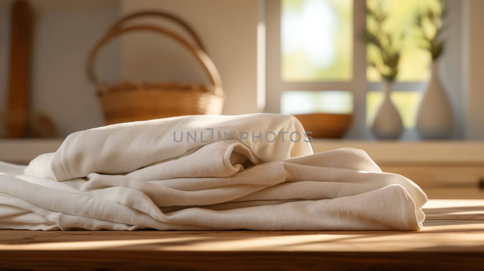 A pile of white towels sitting on top of a wooden table.