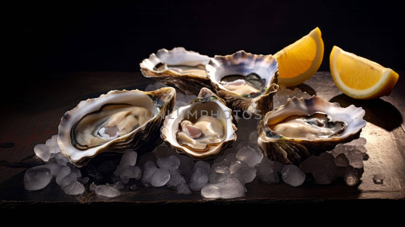 A Sumptuous Display of Fresh Oysters, Glistening Shells, and Zesty Citrus Delights.