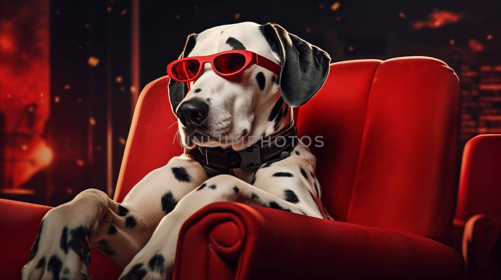 Dalmatian Dog with Stylish Sunglasses Relaxing in Vibrant Red Chair.