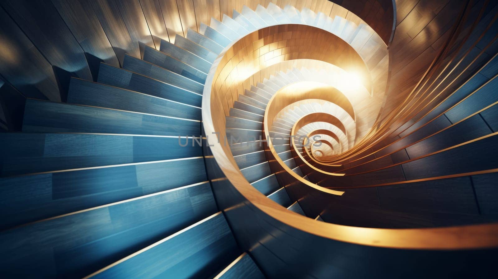 A spiral staircase with a light at the end.