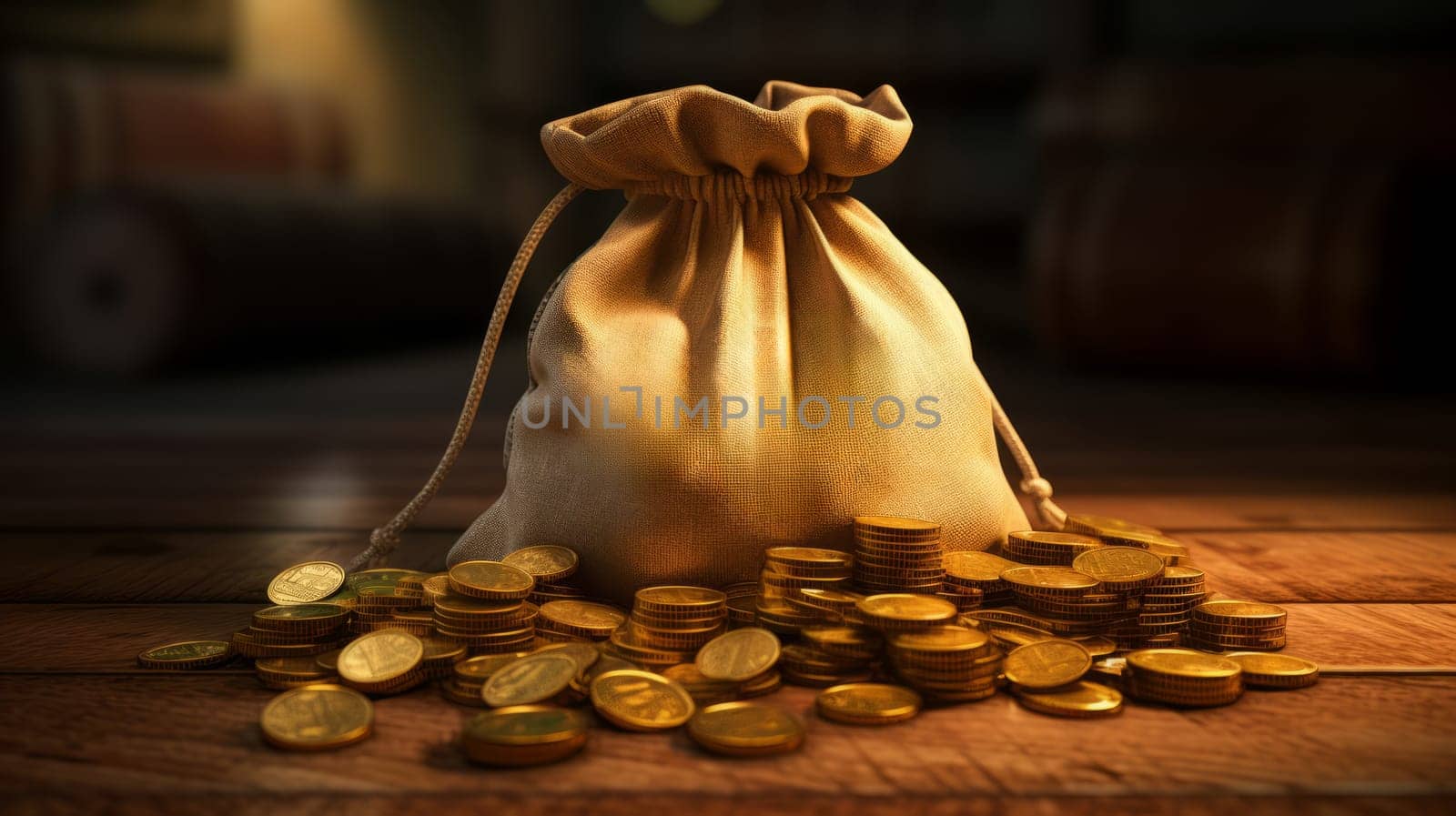A bag of gold coins on a wooden table.