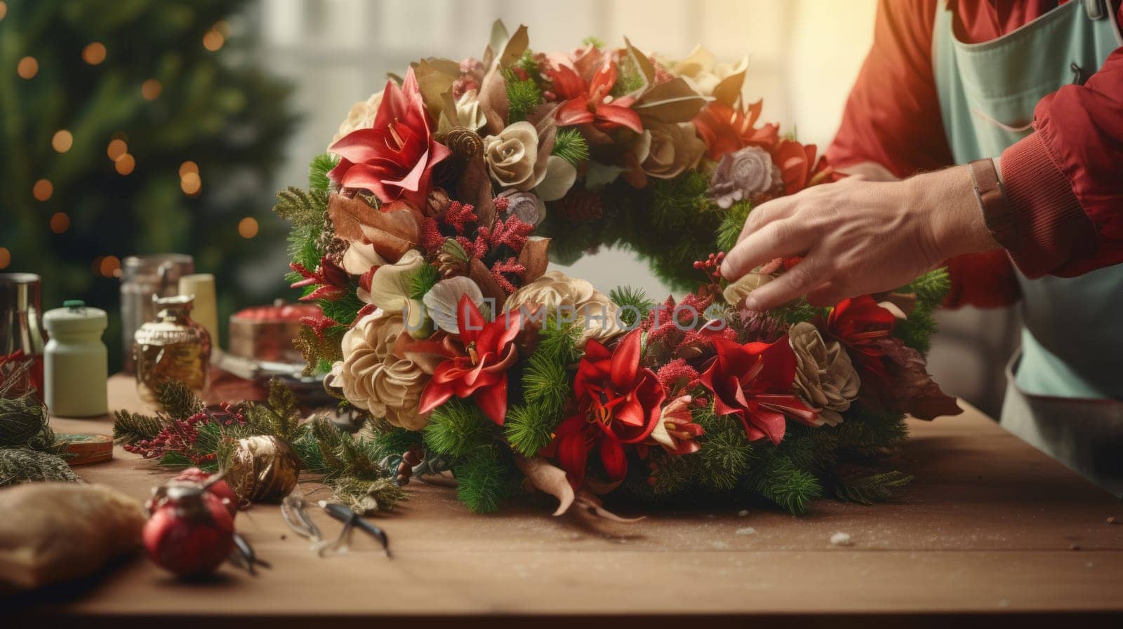 Person Crafting a Festive Christmas Wreath on a Table.