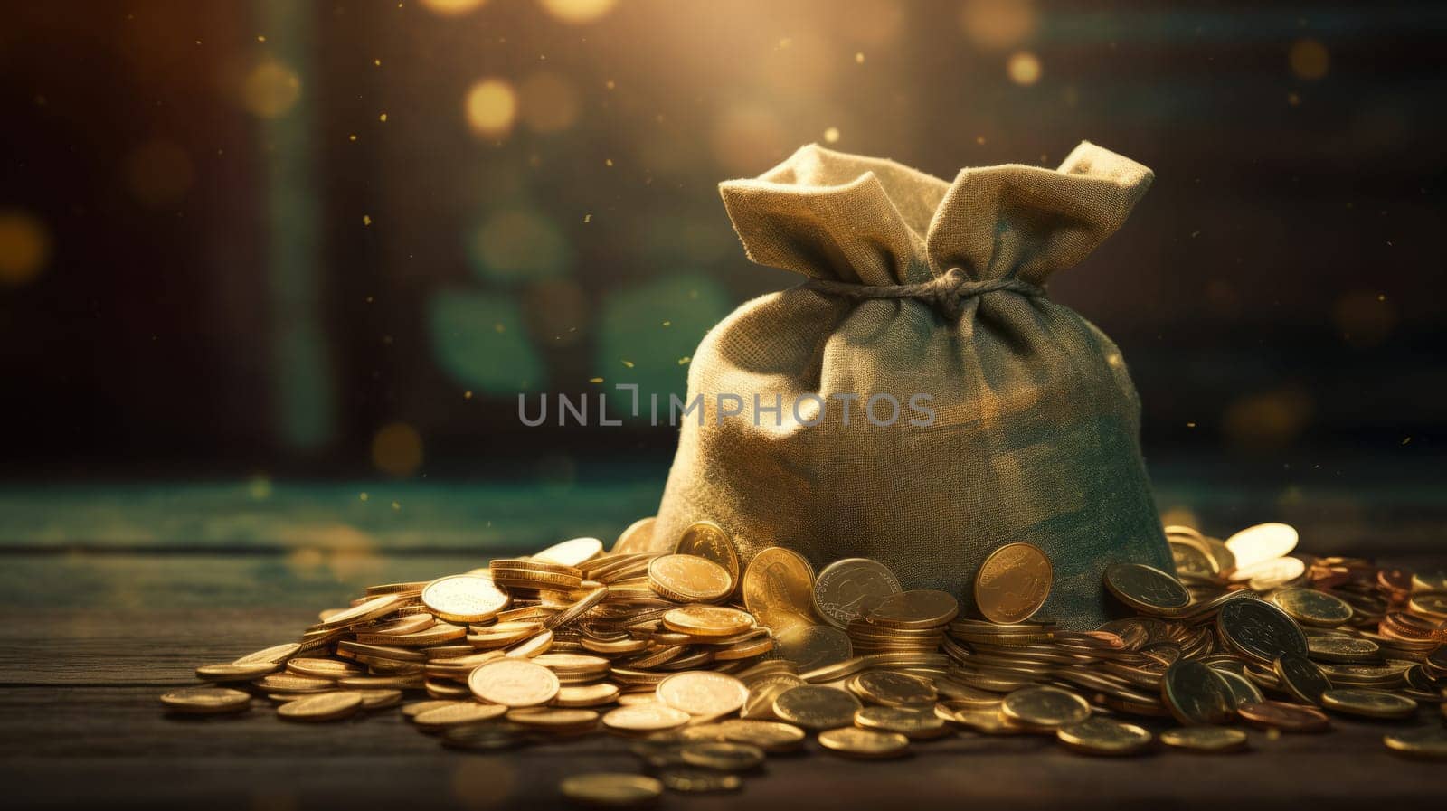A bag of gold coins sitting on top of a wooden table.