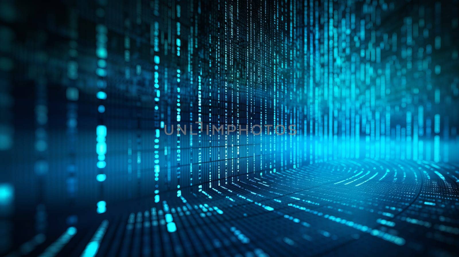Blue digital binary data on computer screen background.