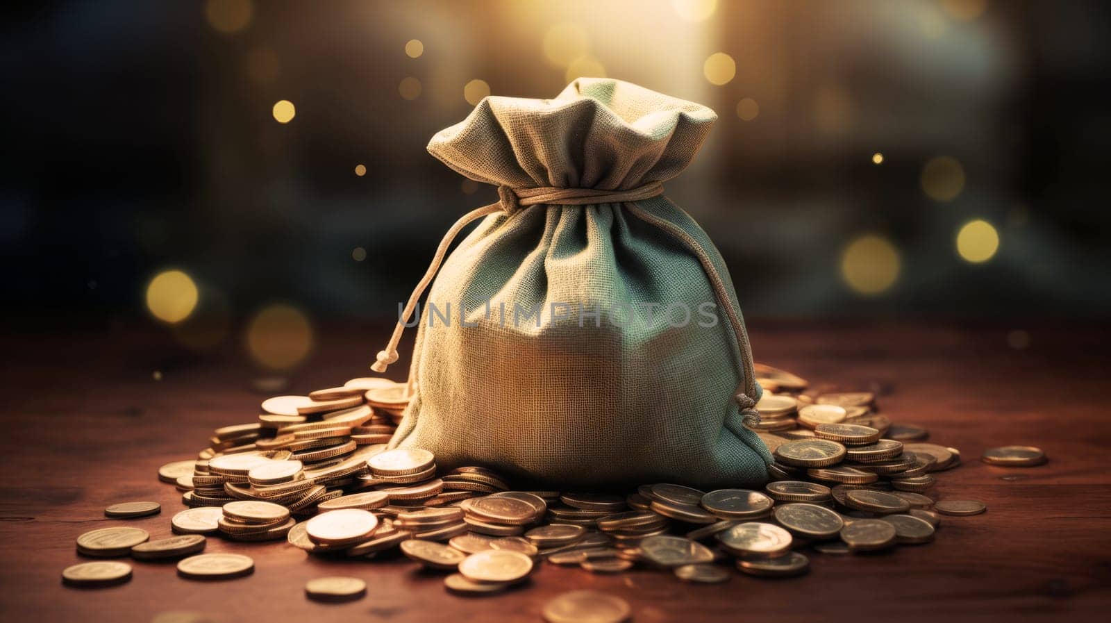 A bag of money sitting on top of a wooden table.