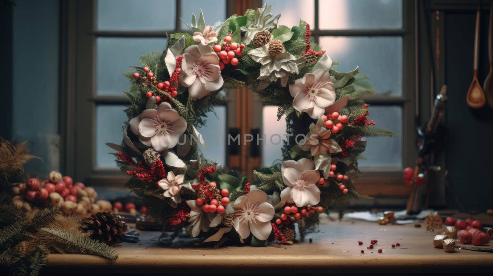 A Beautiful Wreath Adorned With Colorful Blooms and Juicy Berries.