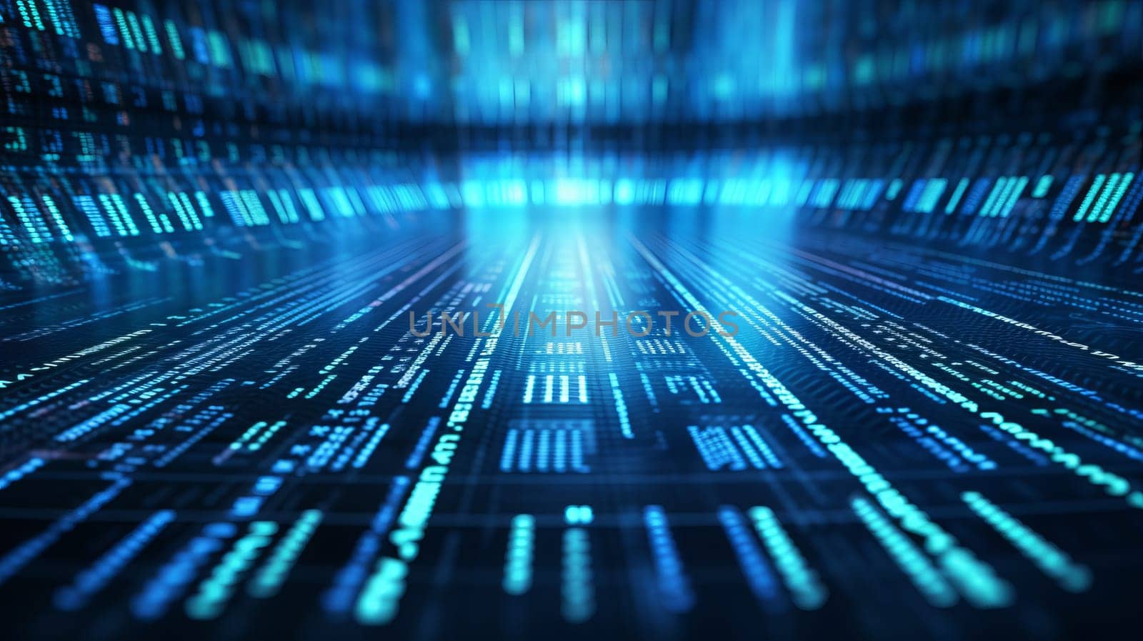 Blue digital binary data on computer screen background.