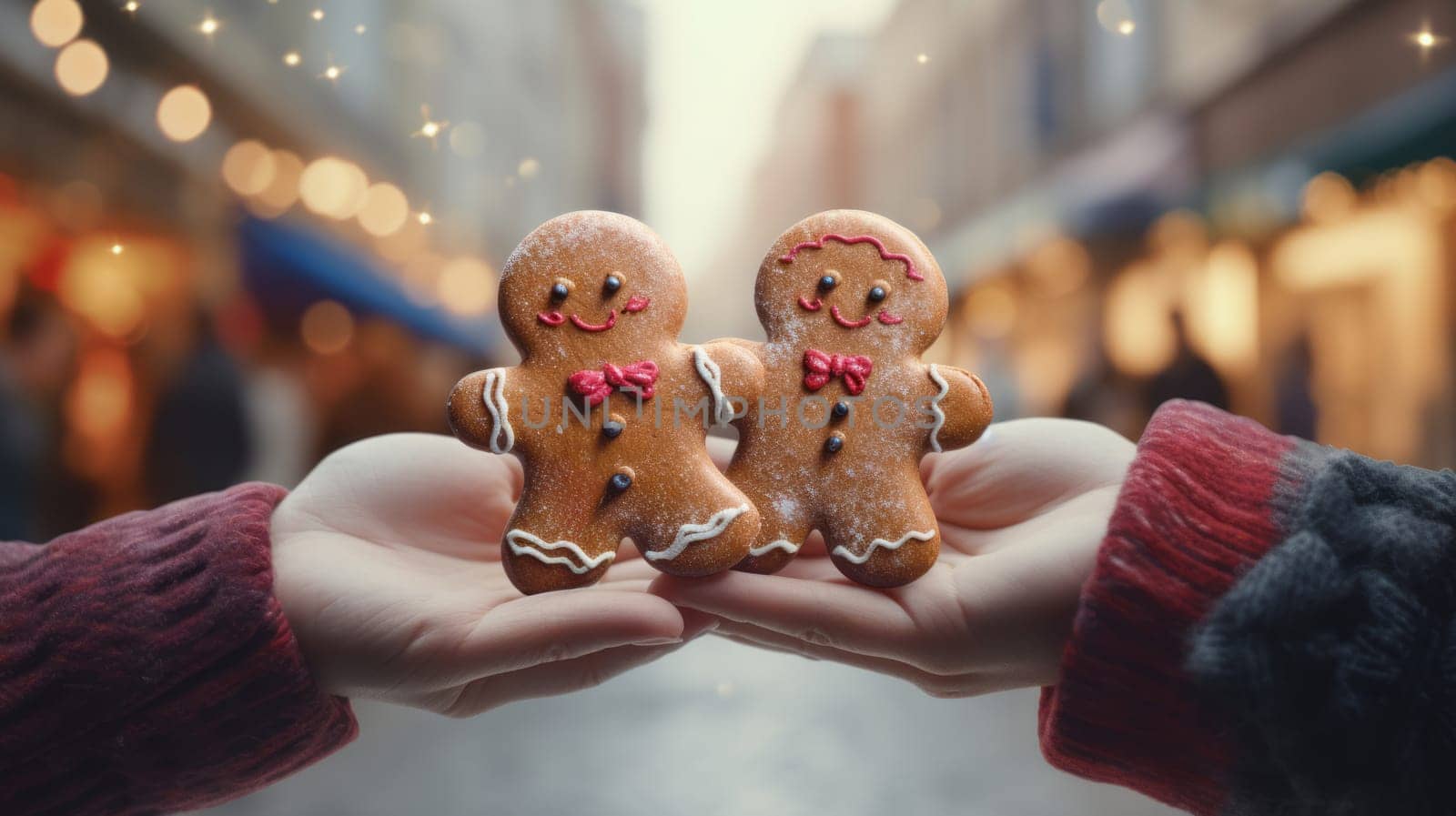 A person holding two small ginger cookies in their hands.
