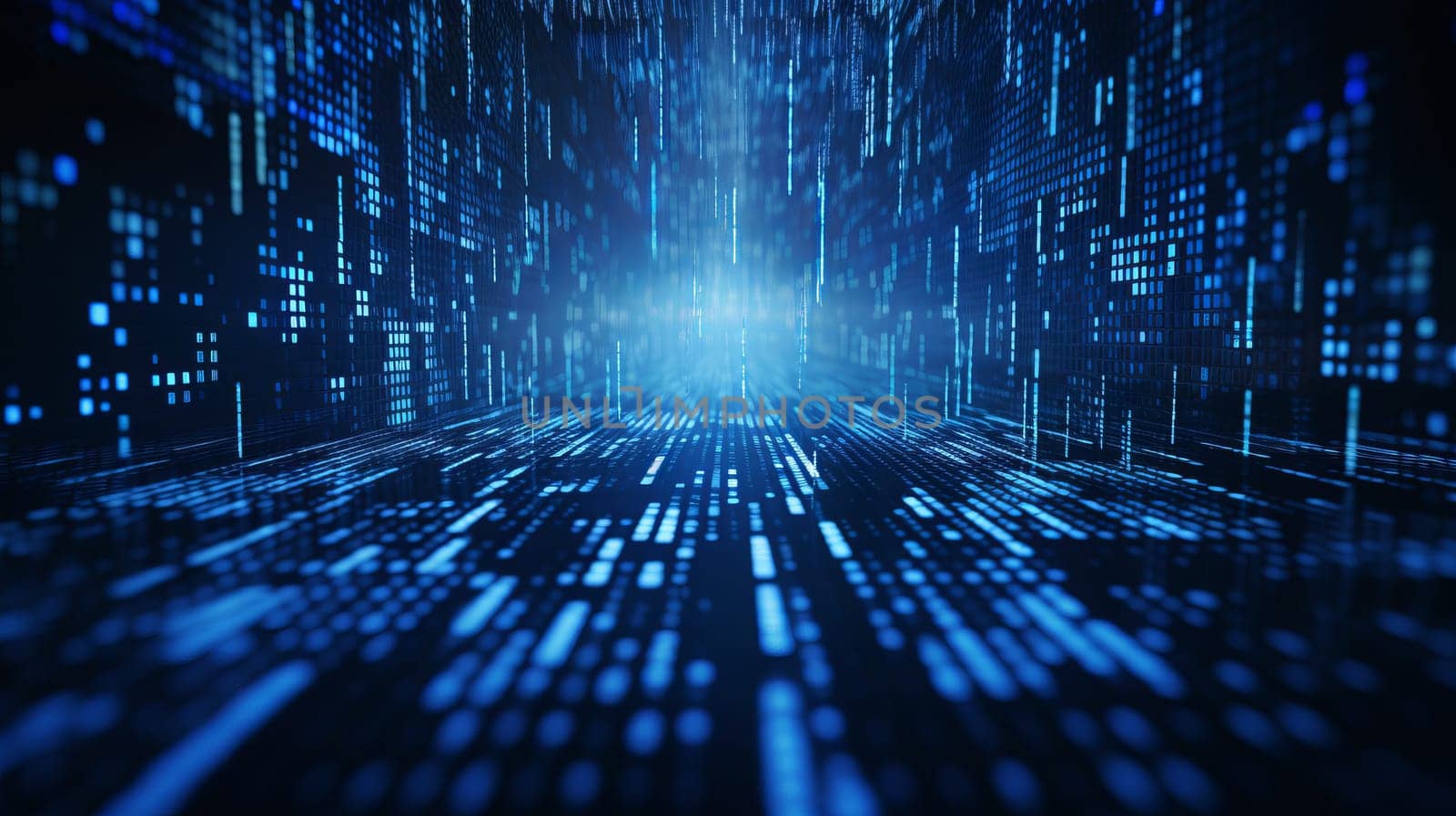 Blue digital binary data on computer screen background.