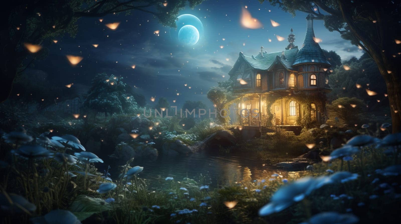 A Solitary Home Surrounded by Dense Woods Under the Starry Night Sky.