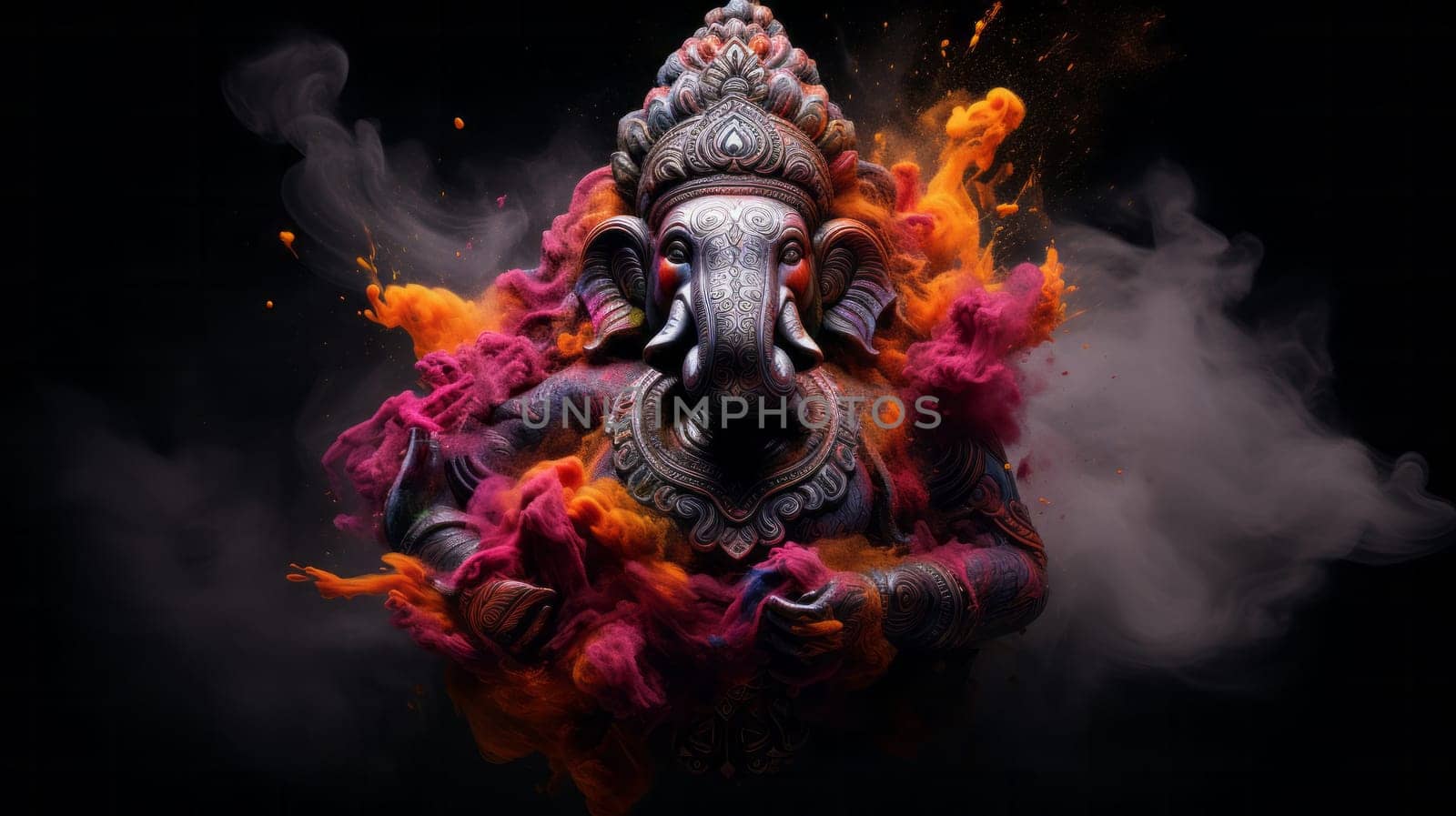 Ganesha with elephant head in holy colorful paint dust splash. Religion and culture concept.