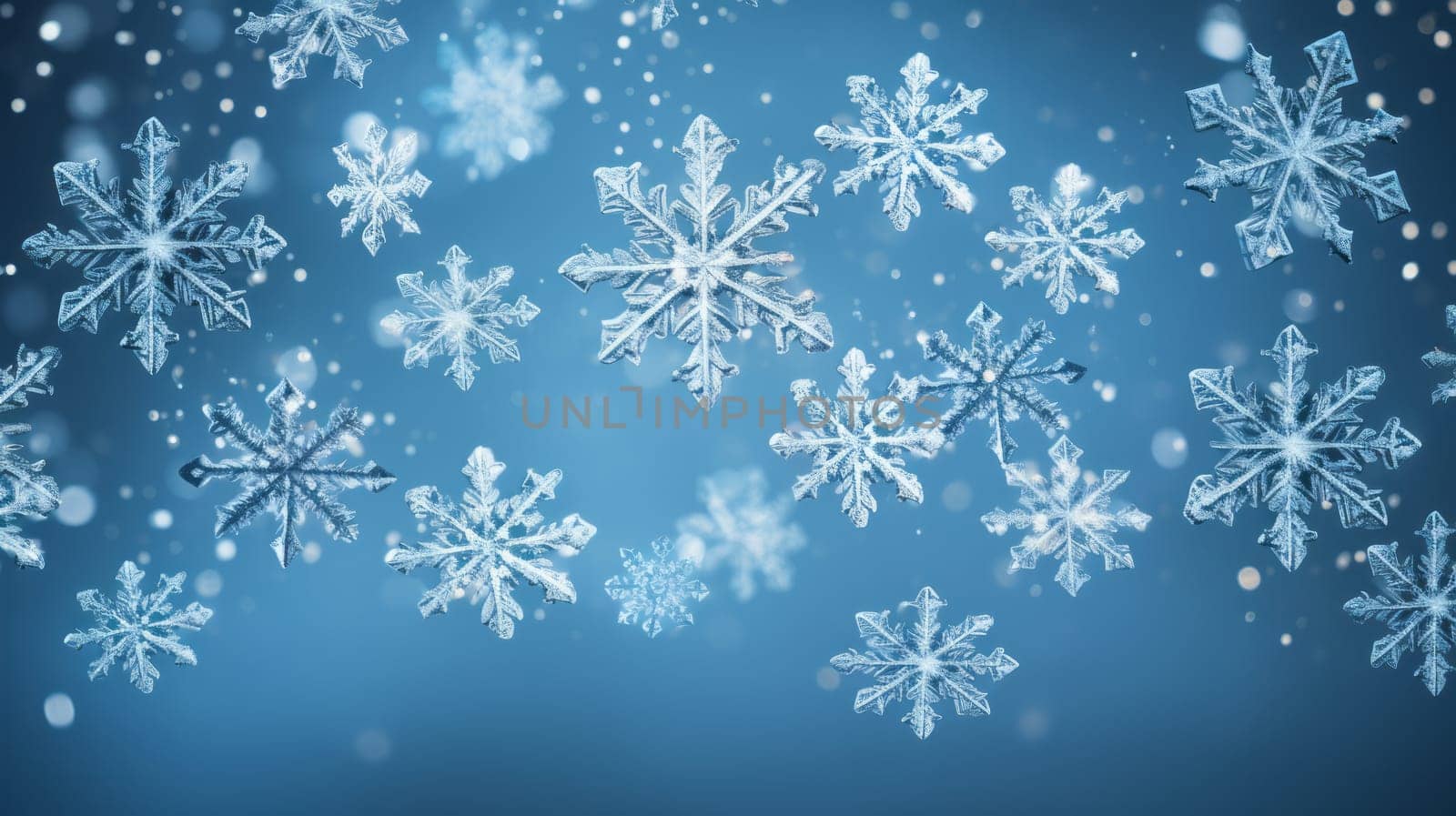 Snowflakes are falling down on a blue background.