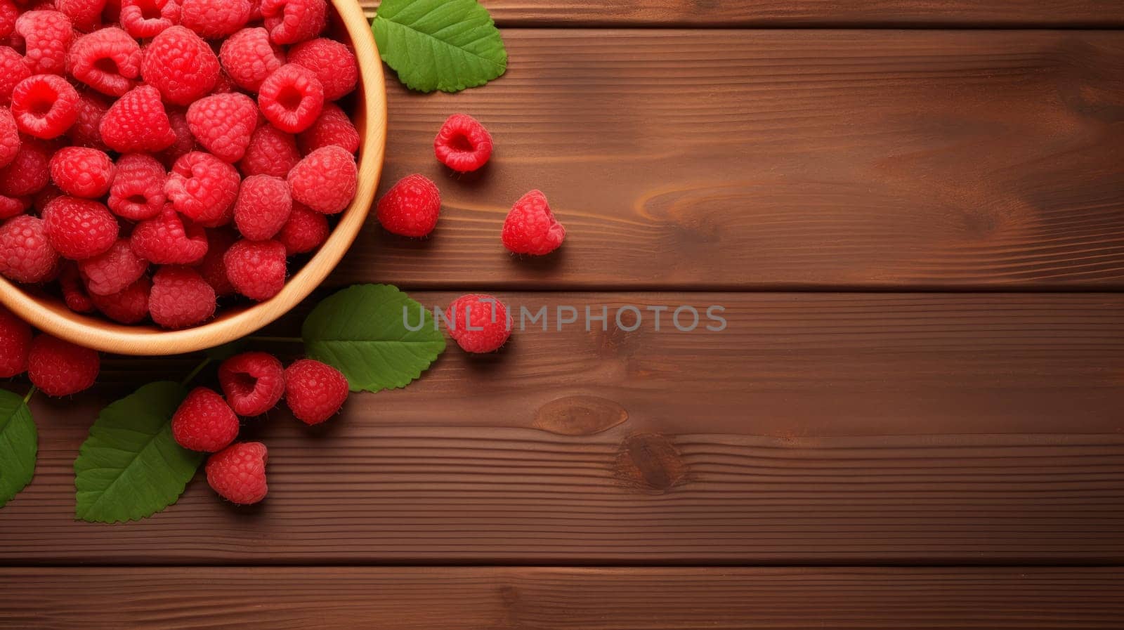 Delicious Raspberries in a Rustic Wooden Bowl on a Natural Table.