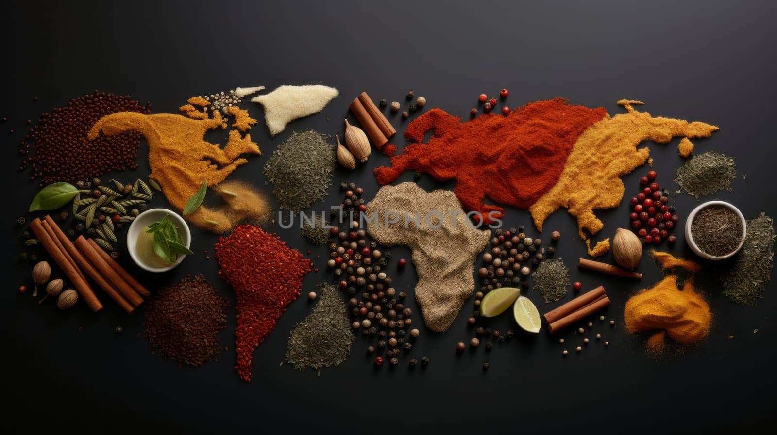 A map of the world made out of spices.