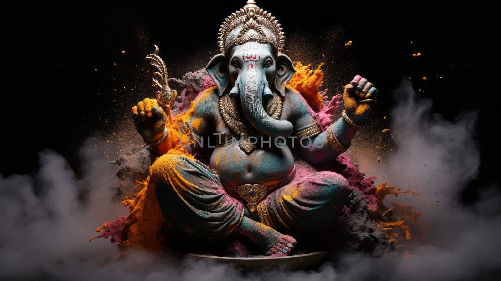 Ganesha with elephant head in holy colorful paint dust splash. Religion and culture concept.
